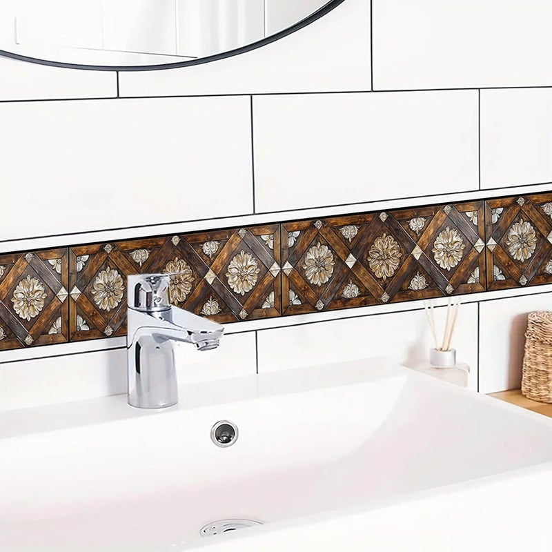 IVN Wallpaper Border Peel and Stick Decorative Wall Trim Self Adhesive Vintage Carved Floral Wood Pattern Design Wallpaper for Bathroom Laundry Room Pool Area Mirror Frame Shelf Wall Edge 4x196 Inch - Image 5